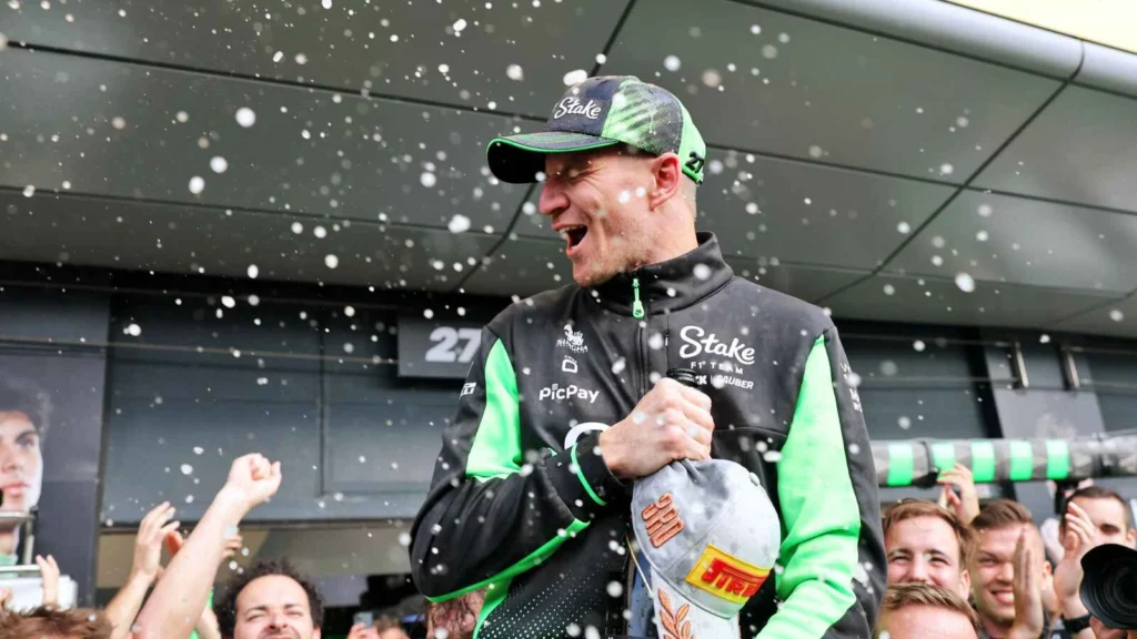 Nico Hulkenberg stormed from the back of the grid to claim a podium at Silverstone